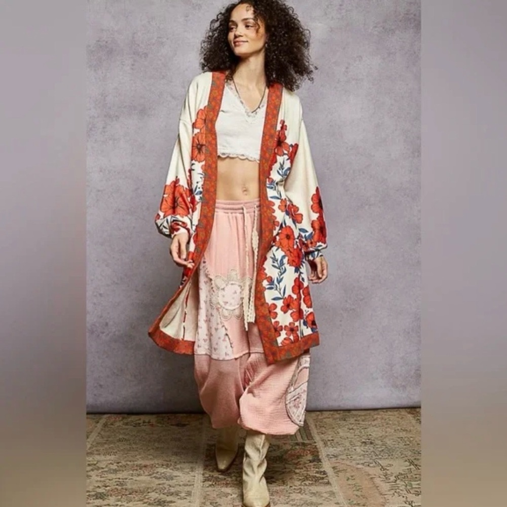 Floral Kimono Cardigan with Pink Pants